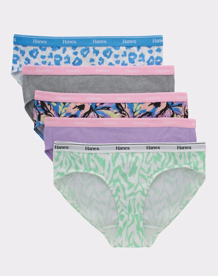 Hanes Originals Girls' Underwear Hipster Pack, Solids & Prints, 5-Pack
