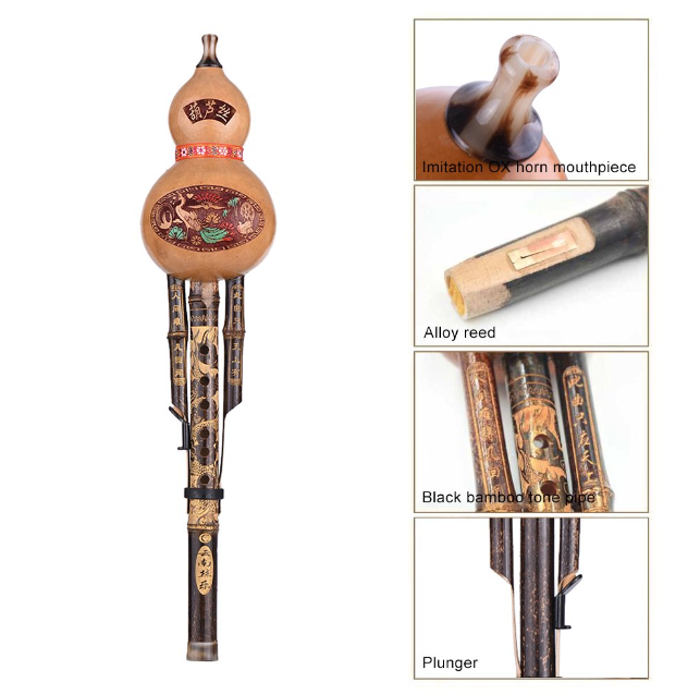 Chinese Handmade Black Bamboo Hulusi Gourd Cucurbit Flute Ethnic Musical Instrument Key of C with Case for Beginner Music Lovers