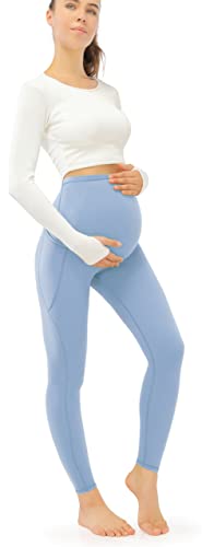 Maternity Leggings Over The Belly Pregnancy Leggings with Pockets Light Blue