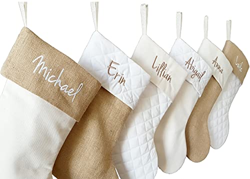 Personalized Christmas Stocking in Natural Burlap, Ivory Cream Quilted, Cotton.