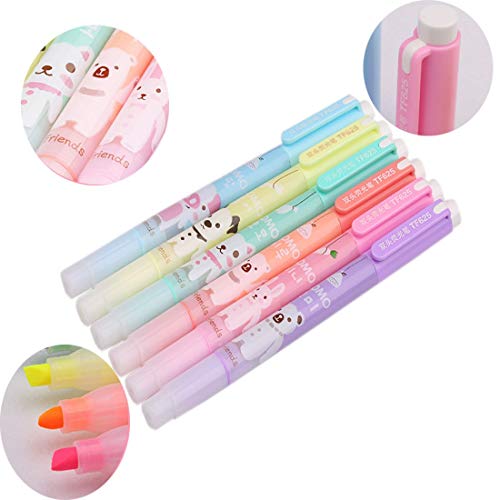 Pack of 6 Cute Kawaii Novelty Cartoon Colored Assorted Animals Double Highlighter
