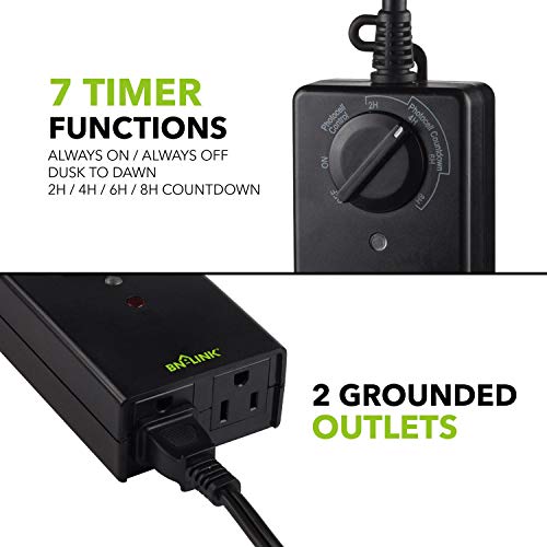 Outdoor 24-Hour Timer With Photocell Light Sensor, Water Resistant Photoelectric Countdown Timer(2, 4, 6 or 8 Hours Mode), Weatherproof, Two (2) Grounded Outlets for Home and Garden, Black