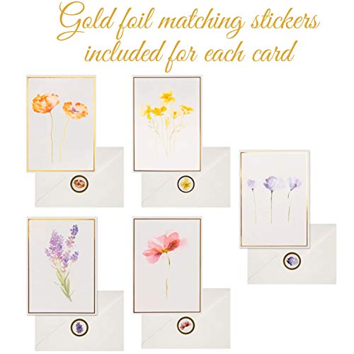40 Plain Floral Cards, 4 x 6 in Assorted Artistic Watercolor & Gold Foil All Occasion Greeting