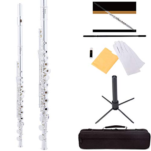 Open Hole C Flute For Beginners, 16-Key Flute with a Case, Stand, Lesson Book, and Cleaning Kit