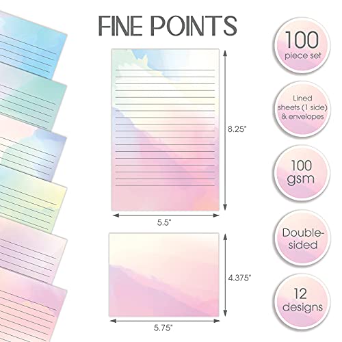 Mini Stationery Set, 100 Piece Set (50 Lined Watercolor Sheets + 50 Matching Envelopes)