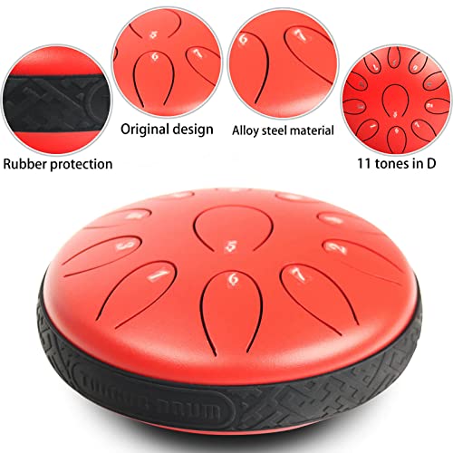 Ironkoi Steel Tongue Drum 6 Inches 11 Notes ，Handpan Drum Percussion Instrument D-Key with Bag, Meditation Entertainment Musical Education Concert Yog (Red)