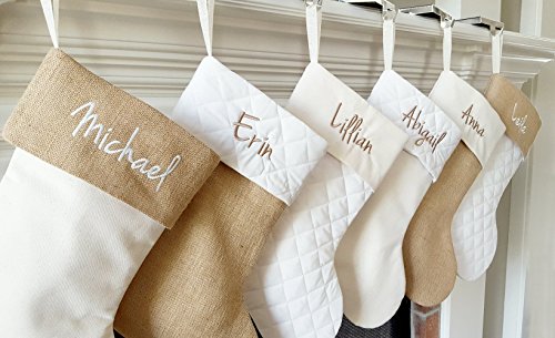 Personalized Christmas Stocking in Natural Burlap, Ivory Cream Quilted, Cotton.