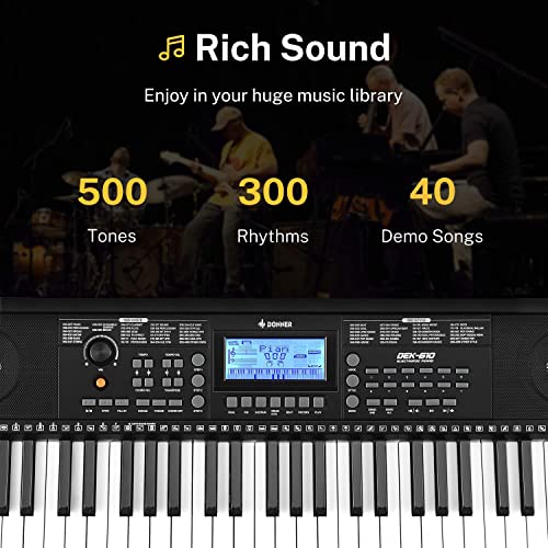Donner Keyboard Piano, 61 Key Piano Keyboard for Beginner/Professional, Electric Piano with Piano Stand, Stool, Microphone & Piano App, Supports MP3/USB MIDI/Microphone/Insertion of the pedal