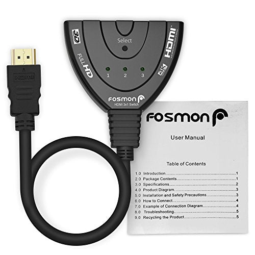 Fosmon 3-Port HDMI Switch 4K, 3x1 Switcher (Automatic Switching)