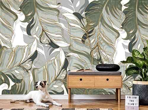 Wall Mural Hand-Painted Tropical Plants Leaves Lines Light Luxury Wallpaper (Not Self-Adhesive)