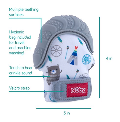 Nuby Soothing Teething Mitten with Hygienic Travel Bag, Grey, 1 Count