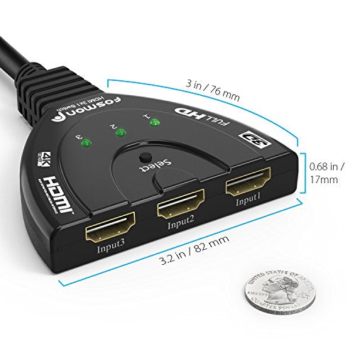 Fosmon 3-Port HDMI Switch 4K, 3x1 Switcher (Automatic Switching)
