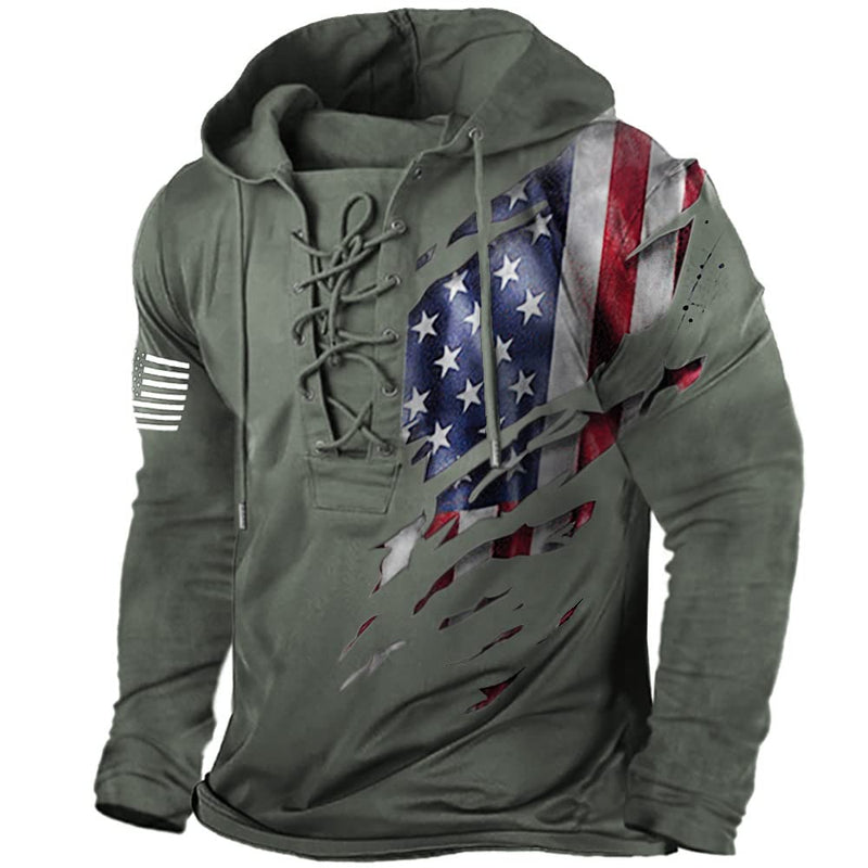 PORCLAY Men's American Flag Hoodie Outdoor Military Tactical Hooded Sweatshirt Graphic Printed Laceup Pullover Shirt