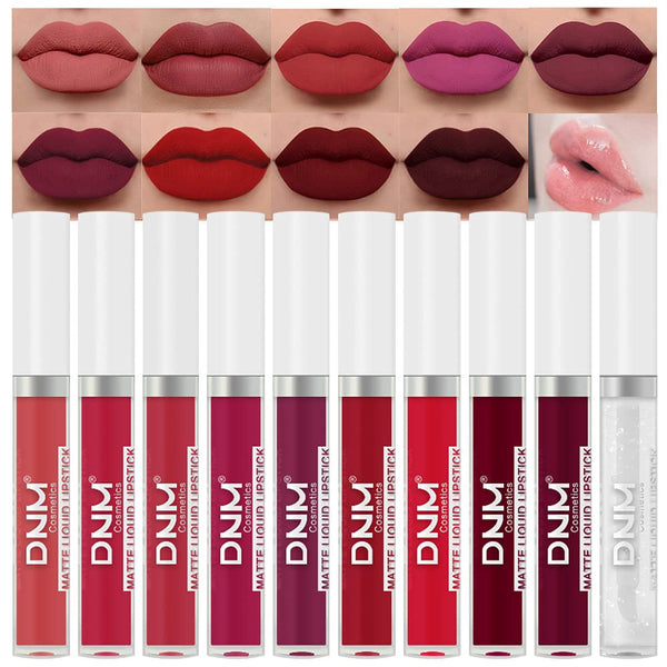 9Pcs Matte Liquid Lipsticks + 1Pcs Clear Lip Plumping Plumper Gloss Makeup Set