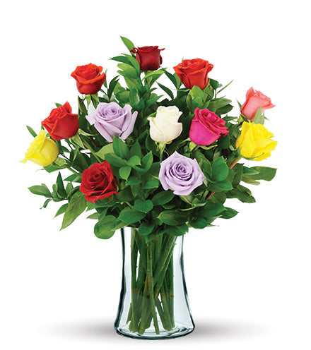 12 Multi-Color Long-Stem Roses Bouquet Flower