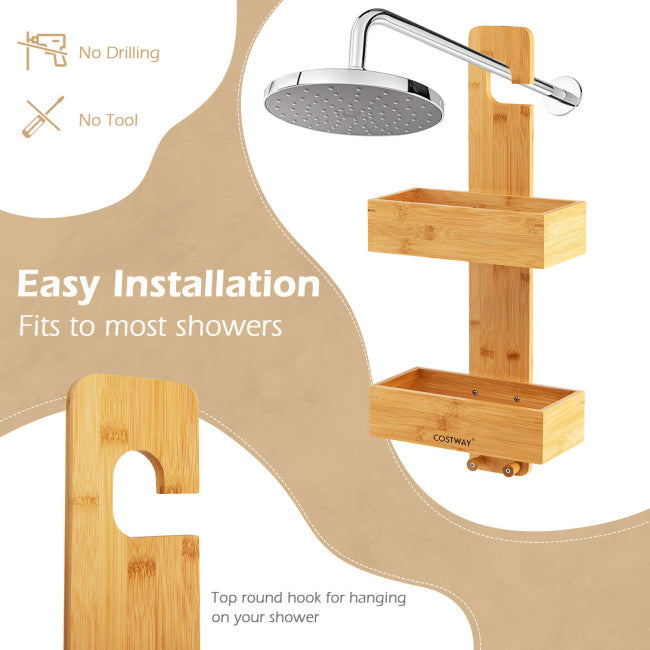 20% OFF On Sale | 2-Tier Bamboo Hanging Shower Caddy Bathroom Shelf with 2 Hooks-Natural