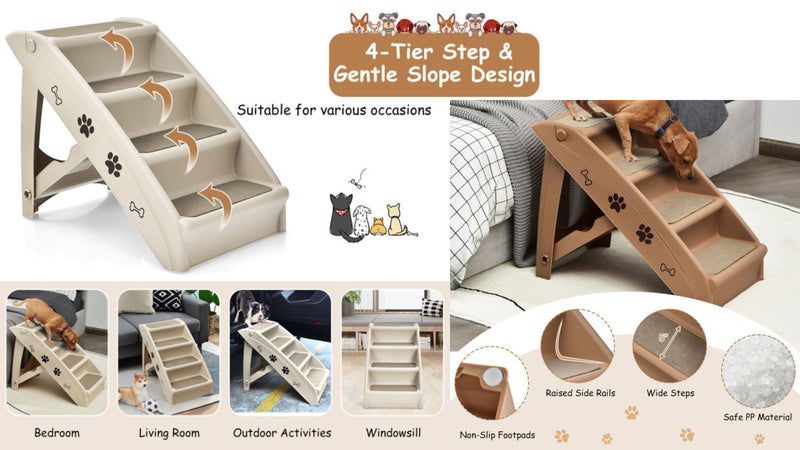 20% OFF On Sale | 4 Steps Folding Pet Stairs with Safe Side Rail-Coffee