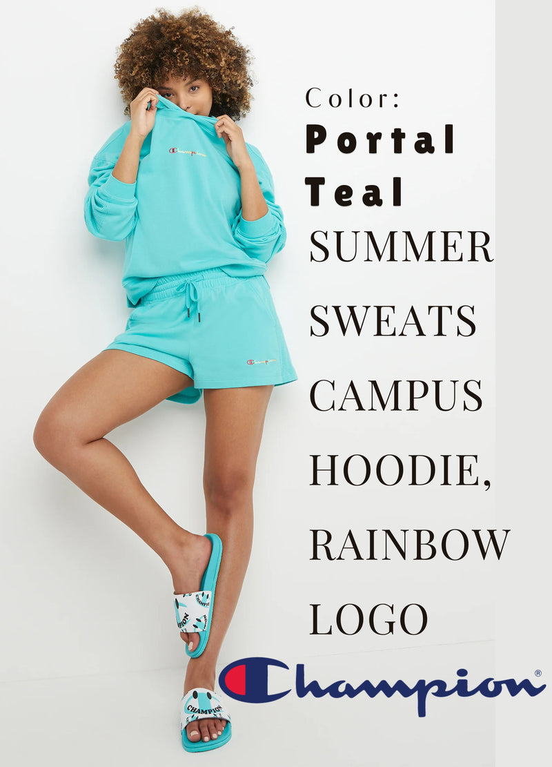 SUMMER SWEATS CAMPUS HOODIE, RAINBOW LOGO | Color: Portal Teal