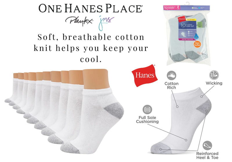 Hanes Cushioned Women's Low-Cut Athletic Socks 10-Pack White