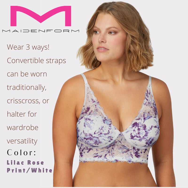 Pure Comfort® Lightly Lined Convertible Lace Bralette | Color: Lilac Rose Print/White