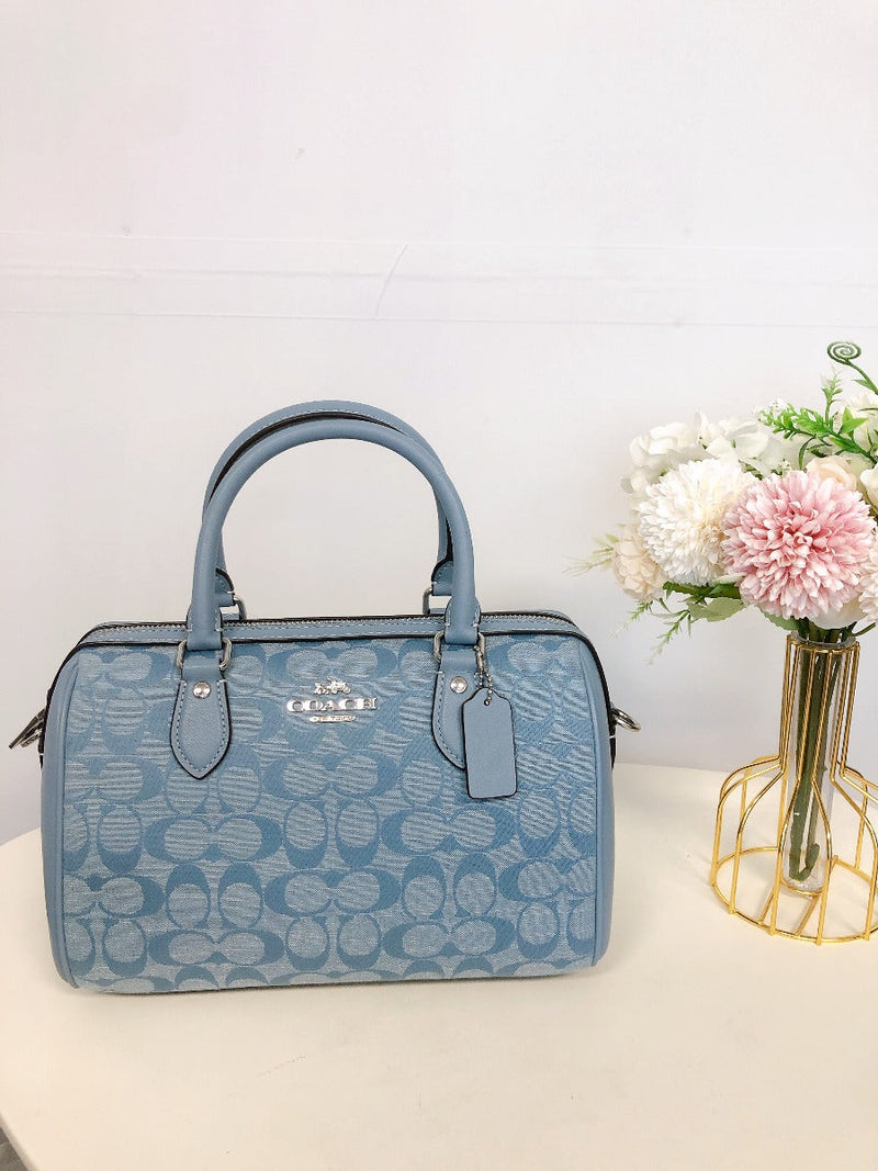 Coach Rowan Medium Cornflower Chambray Canvas Satchel Crossbody Handbag