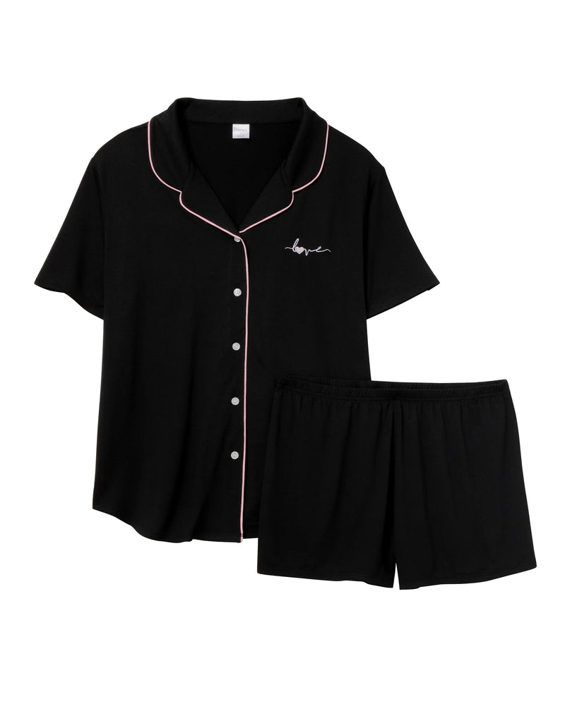 Hanes Love is in the Air Women's Pajama Boxer Set, Notch Collar Black