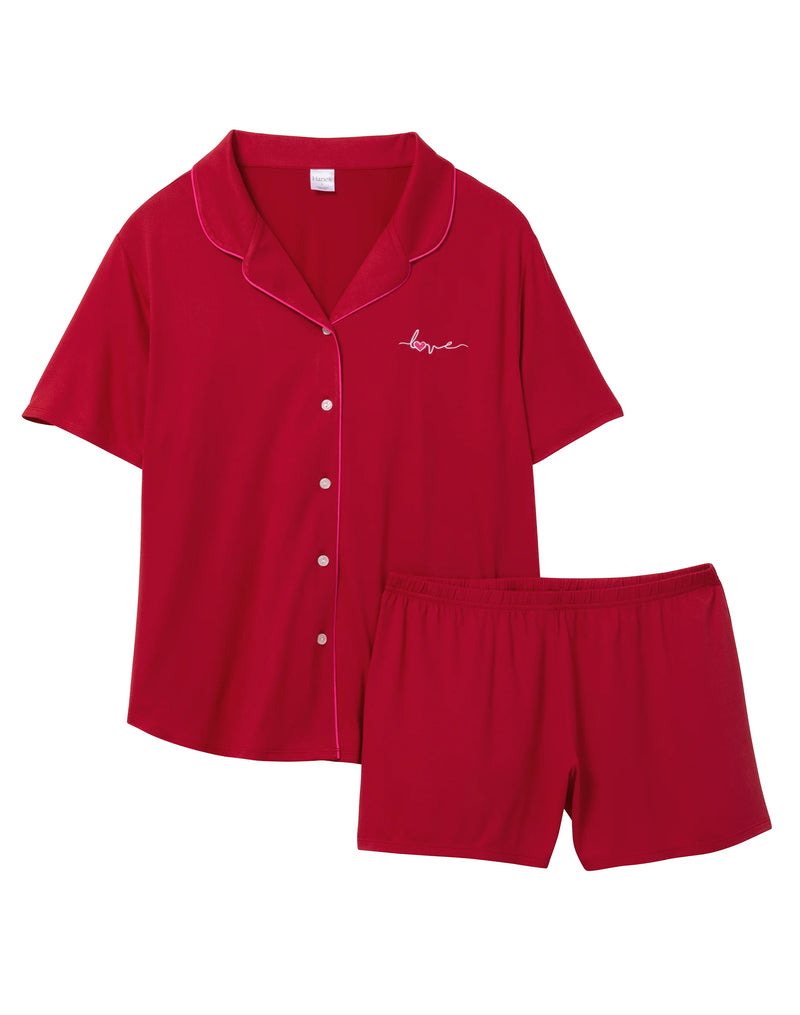 Hanes Love is in the Air Women's Pajama Boxer Set, Notch Collar Red