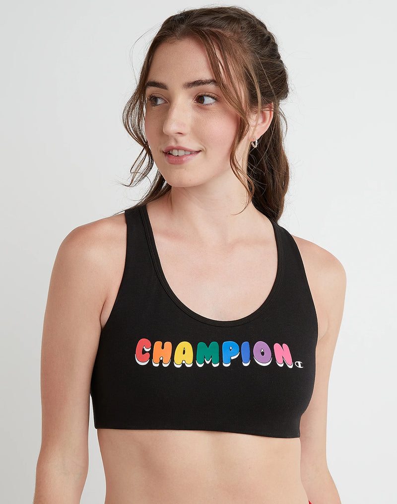 Women's Champion The Authentic Sports Bra, Rainbow Bubble Script Black