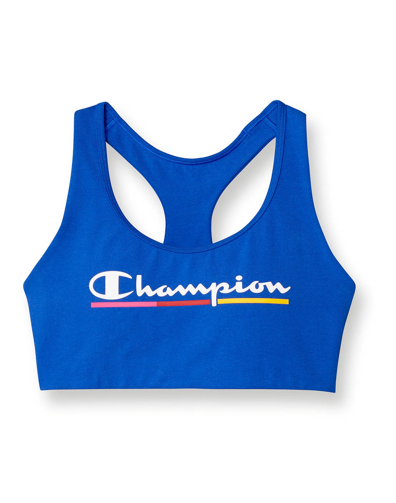 Women's Champion The Authentic Sports Bra, Color Underline Script Logo Deep Dazzling Blue