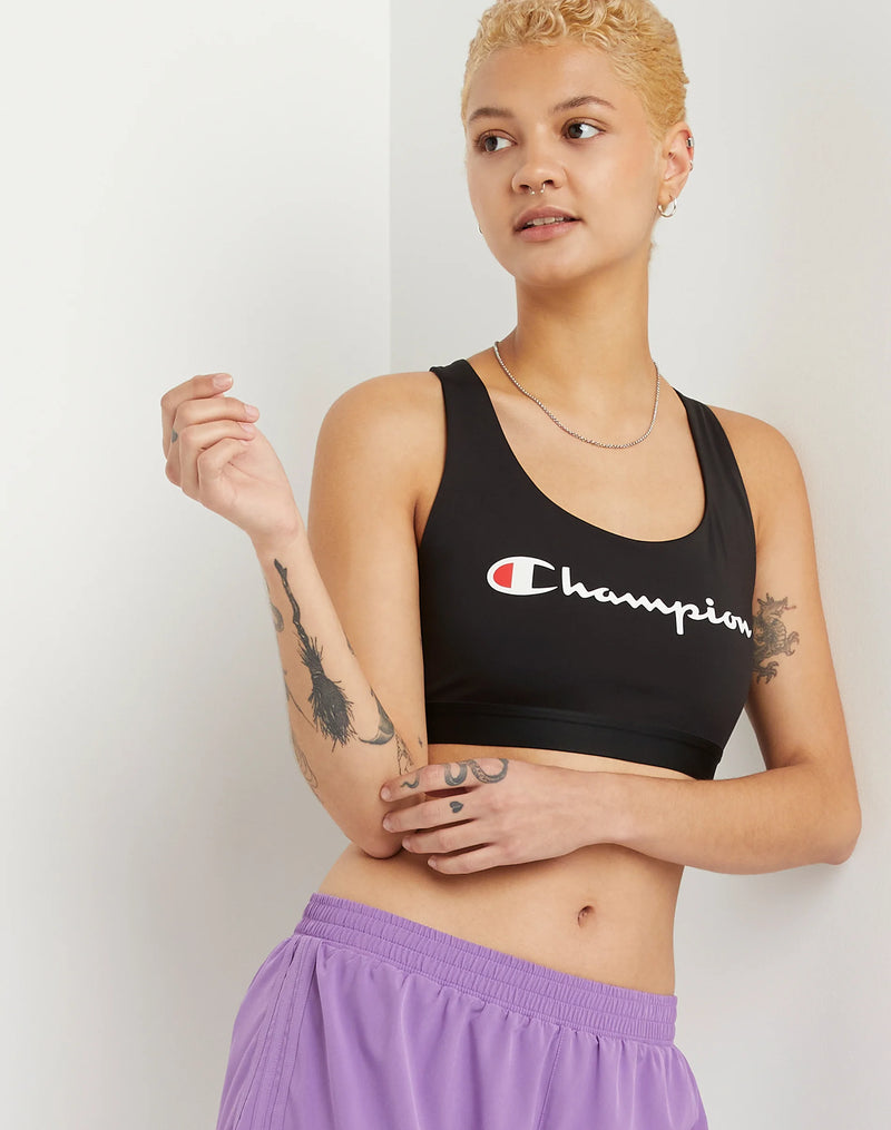 Women's Champion The Absolute Sports Bra, Two-Color Script Logo Black