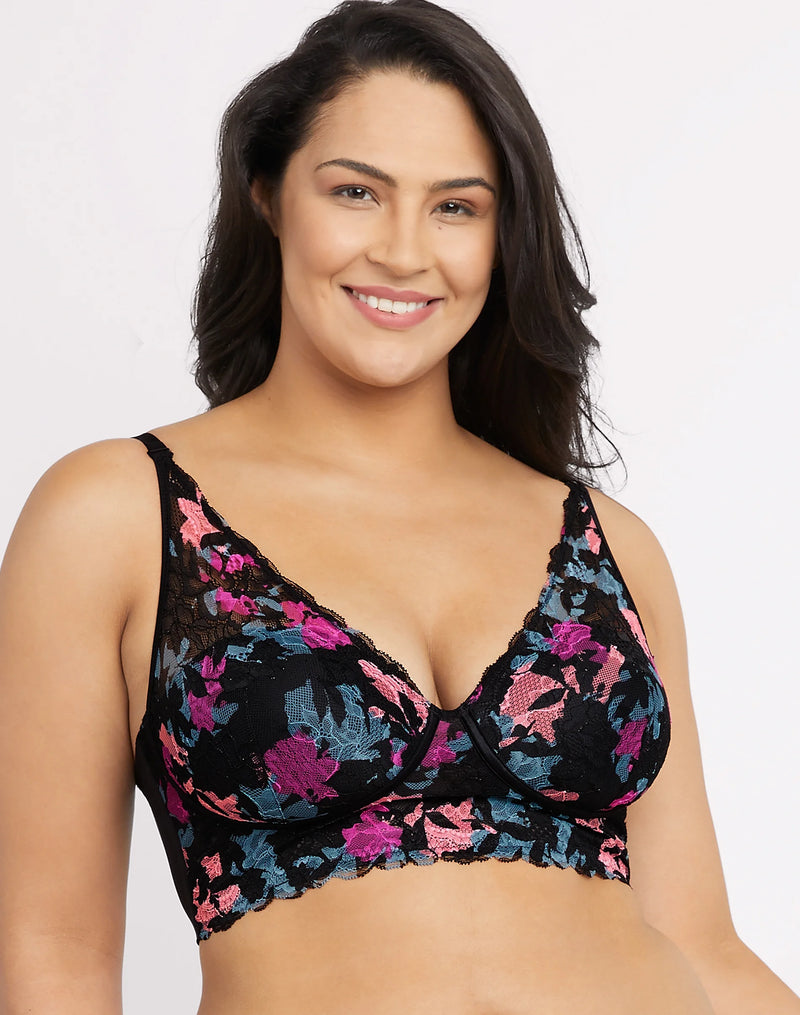 Maidenform Pure Comfort Lightly Lined Convertible Lace Bralette Floral Layers Print/Black Women's