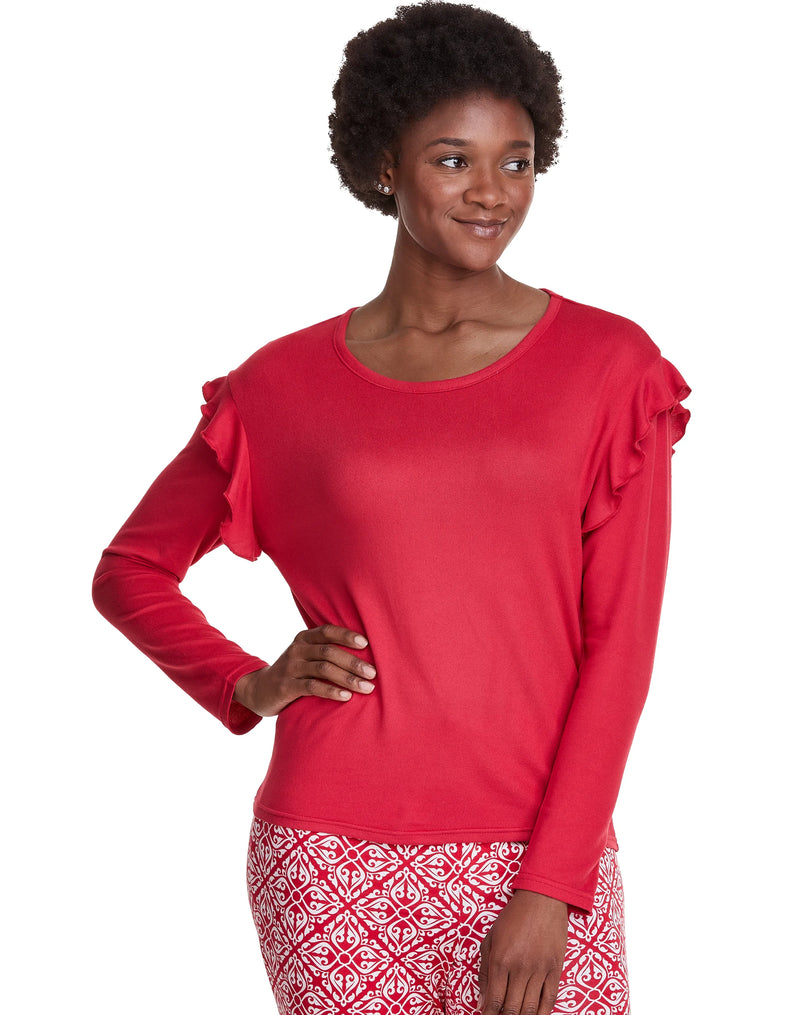 Maidenform Ruffle Long Sleeve Lounge Top Crimson M Women's