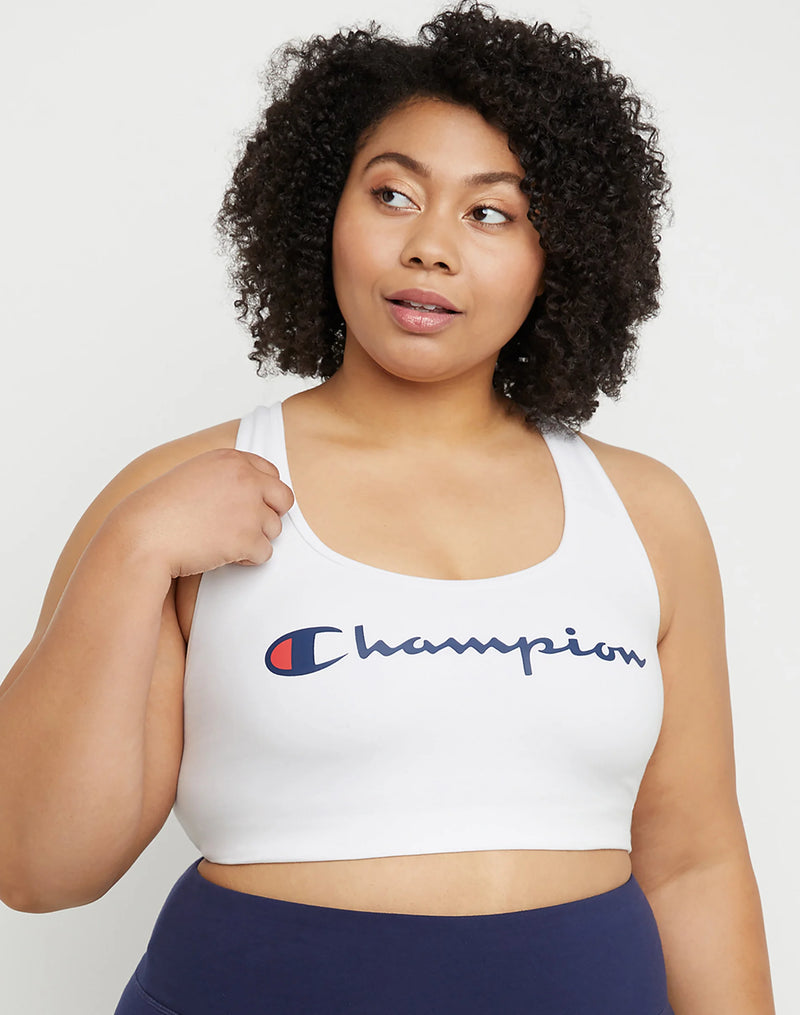 Women's Champion Authentic Sports Bra, Classic Script (Plus Size) White