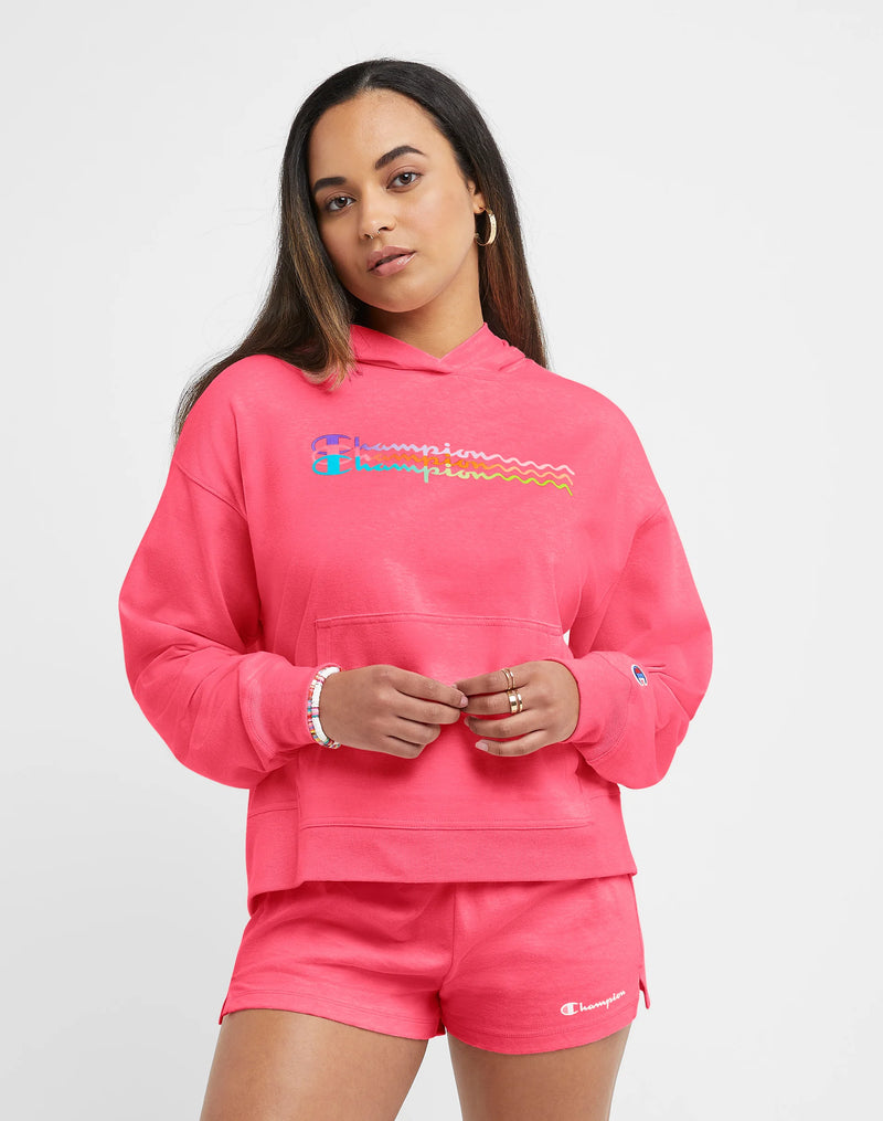 Women's Champion Midweight Cotton Hoodie, Ombre Wave Logos Joyful Pink Heather