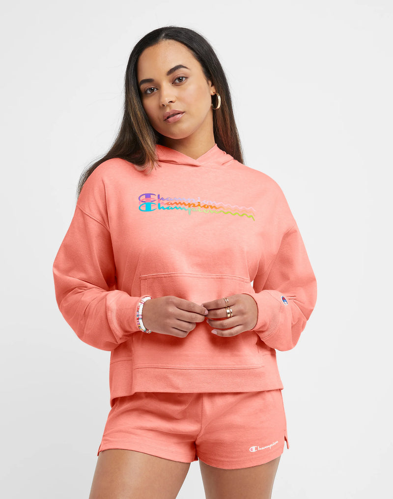 Women's Champion Midweight Cotton Hoodie, Ombre Wave Logos Sugar Peach Heather