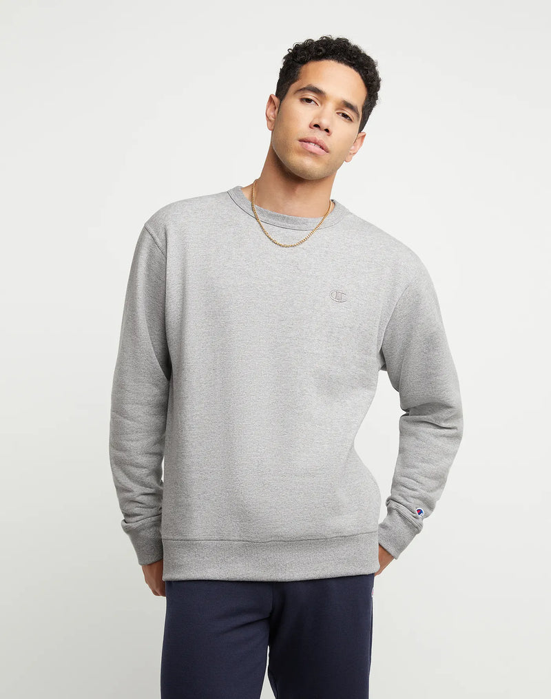 Men's Champion Powerblend Fleece Crew, C Logo Oxford Grey