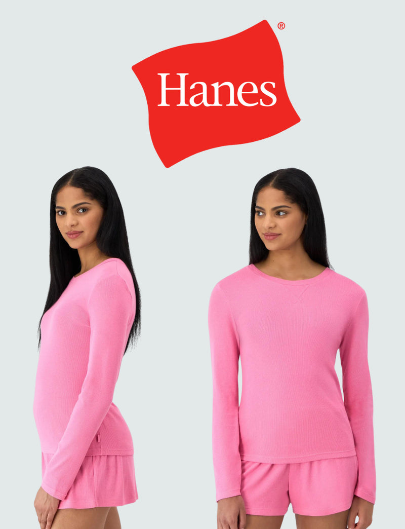 Hanes Originals Women's SuperSoft Comfywear Rib Long Sleeve T-Shirt Parrot Pink