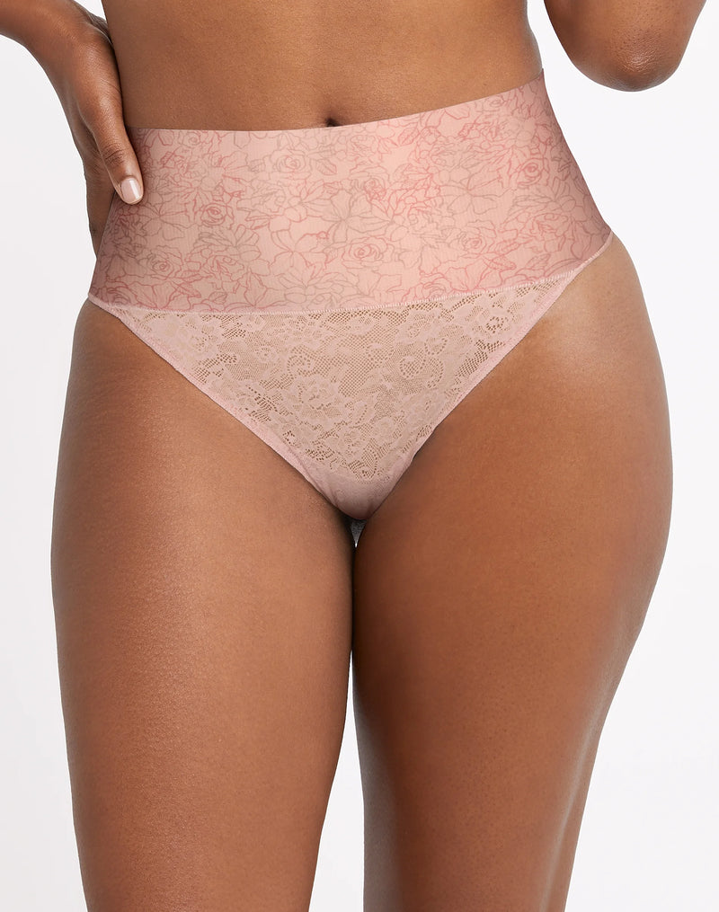 Maidenform Tame Your Tummy Lace Thong Shapewear Ombre Rose Print/Sheer Pale Pink Women's