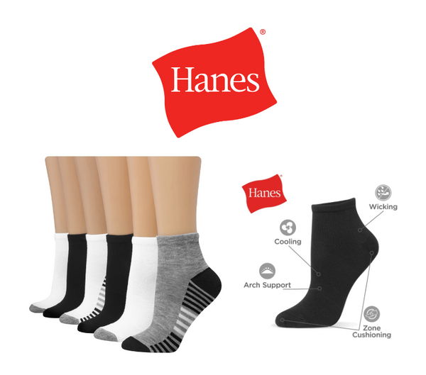 Hanes Women's Comfort Fit Ankle Socks, 6-Pack White Stripe/White/Black