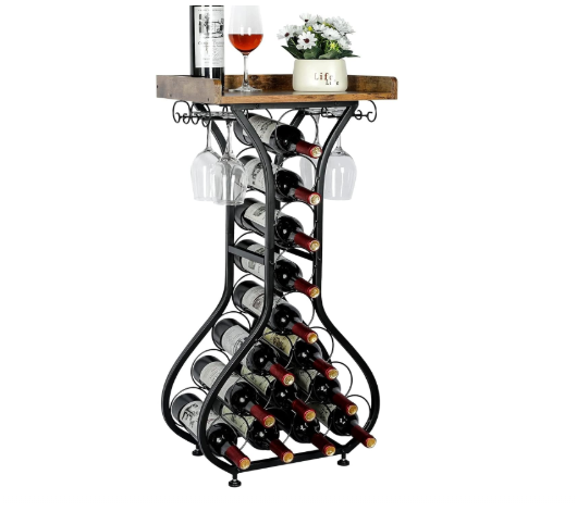 X-cosrack Wine Rack Freestanding Floor, Mini Bar Table Wine Holder Stand Liquor Cabinet with Glass Holder Wood Tabletop 14 Bottles Floor Wine Storage for Home Bar Kitchen Living Room (Patent Pending)