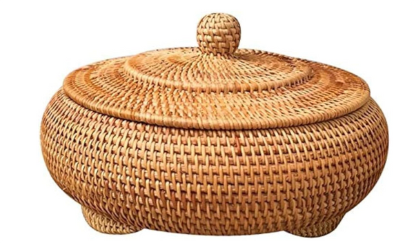 Round Rattan Boxes with Lid Hand-Woven Multi-Purpose Wicker Tray 8.6Inch Picnic Food Bread Table Storage Basket (22x13cm)