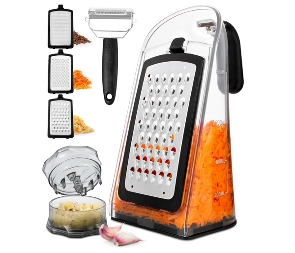 Cheese Grater with Garlic Crusher - Box Grater Cheese Shredder - Cheese Grater with Handle - Graters for Kitchen Stainless Steel Food Grater - Garlic Mincer Tool and Vegetable Peeler