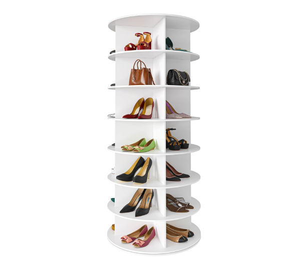 SpaceAid 7 Tier Rotating Shoe Rack Tower, Spinning Shoe Display Lazy Susan, Revolving 360 Shoe Rack Storage Round Carousel, Vertical Handbag Rotate Shoes Closet Organization (7-Tier White)