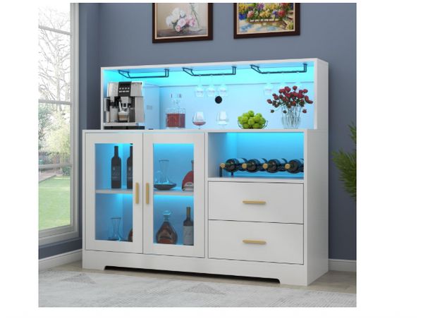 Wine Bar Cabinet with LED Light, Home Coffee Cabinet with Wine and Glass Rack, Kitchen Buffet Sideboard with Storage Cabinet&Drawers, Modern Liquor Cabinet for Living Room Dining Room (White)