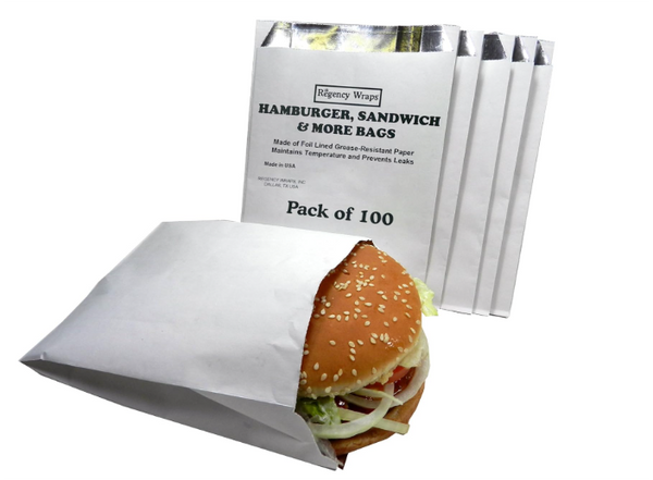 Regency Wraps Grease Resistant Serving Snack Bags, Aluminium Foil Lined Bags, Perfect for Hamburgers, Sandwiches, and More, Measures 5.25 x 7.5, Pack of 100