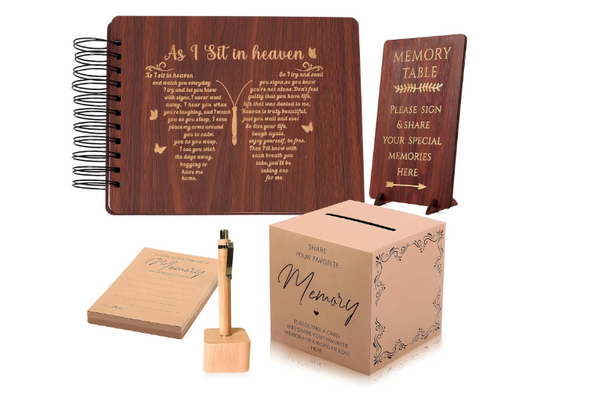 Wooden Funeral Guest Book Set for Memorial Service Celebration of Life Party Decorations in Loving Memory Guest Register Book with Pen&Stand, Included Table Sign,Share a Memory Cards and Box-Butterfly