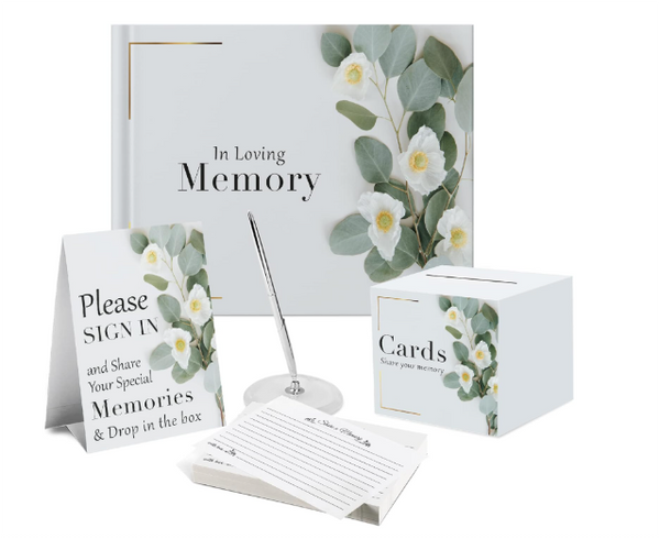 7 pcs Guest Book Set, Funeral Guest Book, Includes: Guestbook, 50 Memory Cards, Ball Pen+Pen Stand, Table Sign, Card Box, Mailer Box, Celebration of Life Guest Book, Registry Book, Memory Book