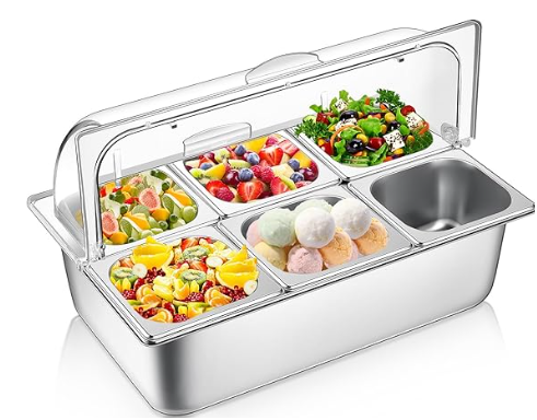 Countertop Food Serving Display Container and Clear Roll Top Cover Stainless Steel Food Serving Tray Buffet Condiment Dispenser Display Rack for Restaurant Hotel Kitchen Party (6 Pan)