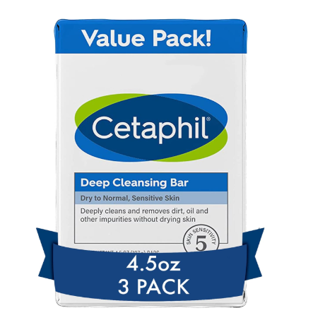 Cetaphil Bar Soap, Deep Cleansing Face and Body Bar, Pack of 3, For Dry to Normal, Sensitive Skin, Soap Free, Hypoallergenic, Paraben Free, Fragrance Free,...