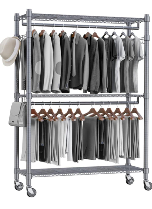 Homdox 3 Shelves Wire Shelving Clothing Rolling Rack Heavy Duty Commercial Grade Garment Rack with Wheels and Side Hooks (One Pair Hook and Two Hanging Rods Gray)